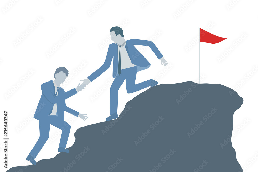 Business flat design vector of a business leader helping a colleague to climb on top of a mountain. Business flat design vector of a business leader helping a colleague to climb on top of a mountain.