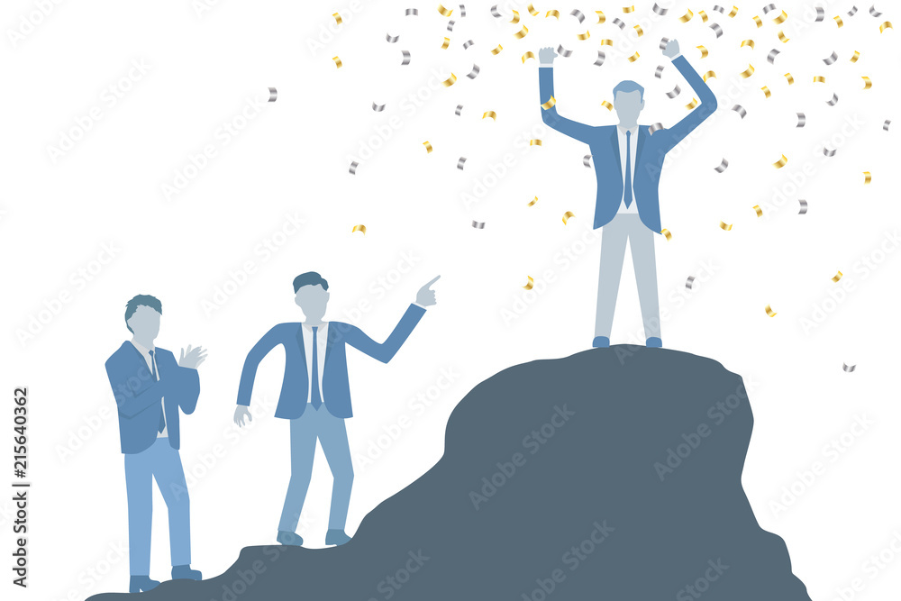 Business flat design vector of a celebrated succesful man in a suit standing on top of a rock and holding hands above head.