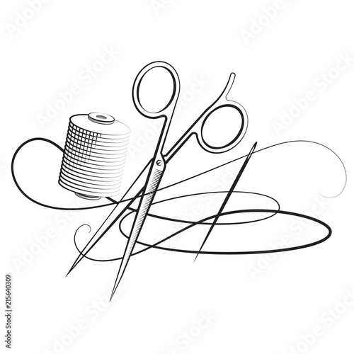 Scissors and needle with thread