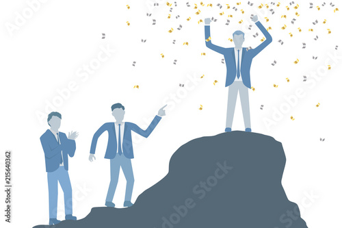 Business flat design vector of a celebrated succesful man in a suit standing on top of a rock and holding hands above head.