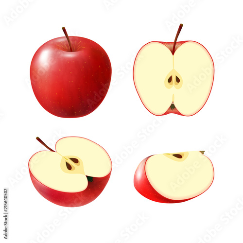 Set of isolated colored red apple half, slice and whole juicy fruit on white background. Realistic fruit collection.