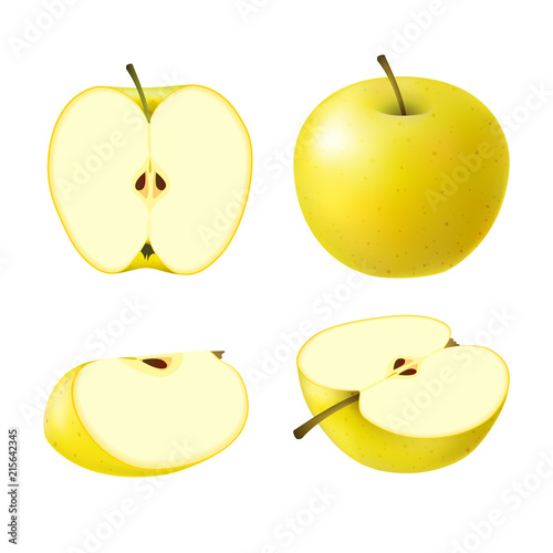 Set of isolated colored yellow apple half, slice and whole juicy fruit on white background. Realistic fruit collection.