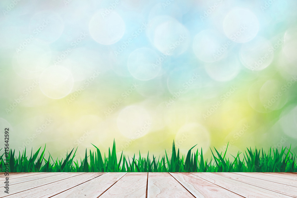 Fototapeta premium Wooden floor balcony grass of sky bokeh background