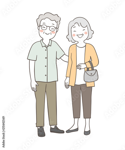 Draw elderly senior grandmother and grandfather happy together
