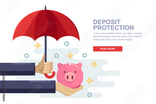 Saving and protection money deposit. Vector flat illustration of human hand holding piggy bank and red umbrella.