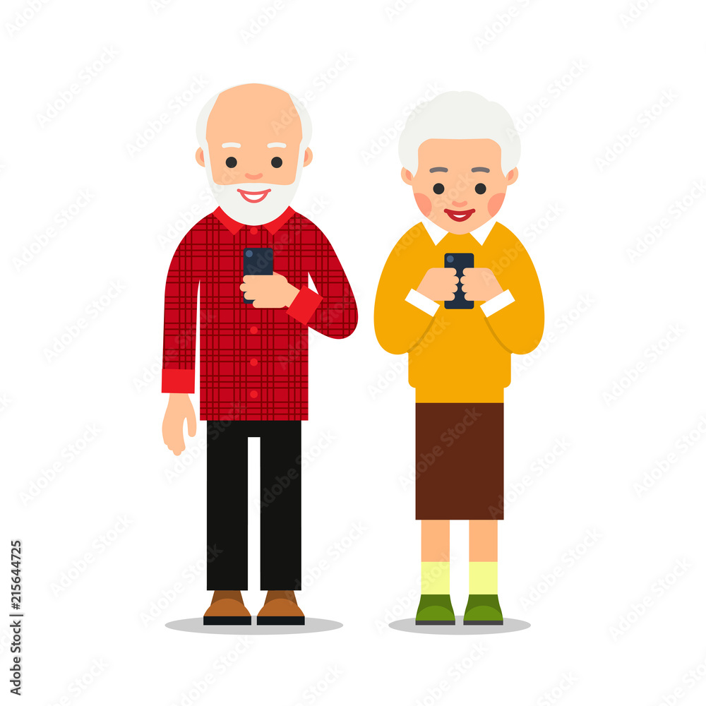 Old people with phone. Elderly persons, man and woman standing and holding mobile phone. Cartoon illustration isolated on white background in flat style Old people with phone. Elderly persons, man and woman standing and holding mobile phone. Cartoon illustration isolated on white background in flat style