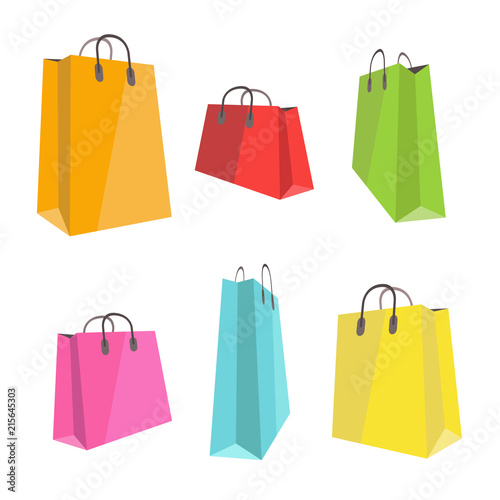 Set of flat colorful shopping bags on white