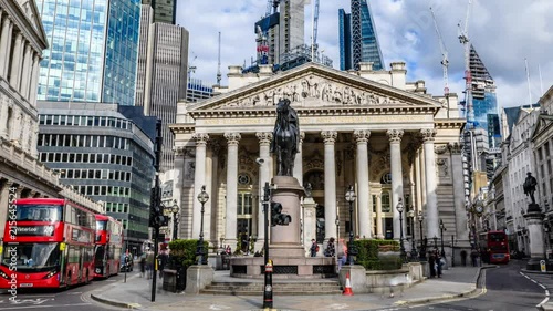 Panning time lapse view of the Royal exchange near the Bank of England, in the City of London