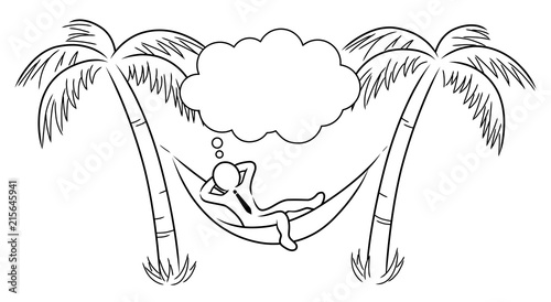 Ein Manager in einer Hängematte zwischen zwei Palmen mit Sprechblase / Schwarz-Weiß / Vektor-Zeichnung / Konturen

