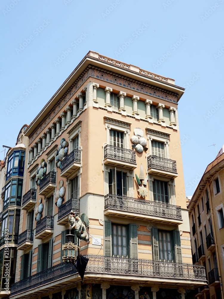 Facade of one of the beautiful houses on La Rambla in Barcelona.