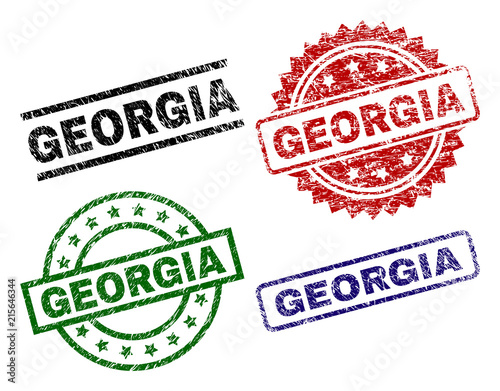 GEORGIA seal prints with distress texture. Black, green,red,blue vector rubber prints of GEORGIA text with grunge texture. Rubber seals with circle, rectangle, medallion shapes.