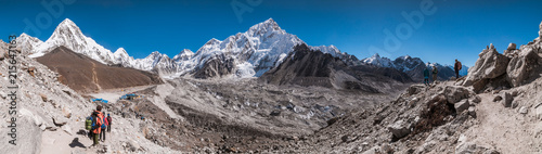 Panoramic view of Gorakshep, Kala Patthar, Khumbu Glacier, Nuptse (in the middle) and Himalayan Mountains before reaching to Gorakshep, Sagarmatha national park, Everest Base Camp 3 Passes Trek, Nepal