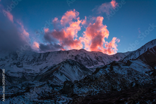 The pink cloud at a sunset time from Tilicho Base Camp (4,150m), Annapurna Circuit Trek, Nepal photo
