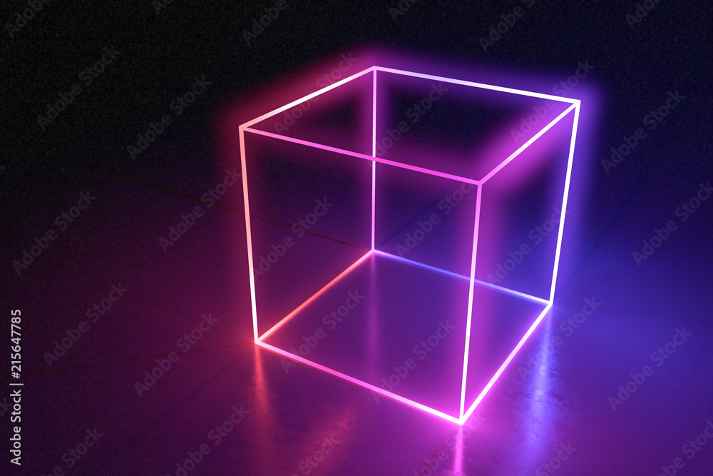 Abstract neon cube brightly shining in dark room. 3D rendered ...