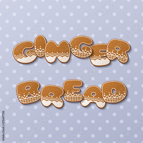 Gingerbread inscription made of gingerbread cookies with icing on polka dot background. Vector Illustration
