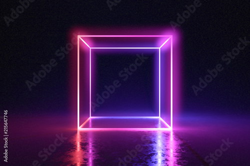 Fototapeta Naklejka Na Ścianę i Meble -  Abstract neon cube brightly shining in dark room. 3D rendered illustration.