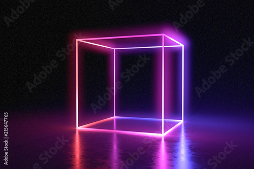 Abstract neon cube brightly shining in dark room. 3D rendered illustration.
