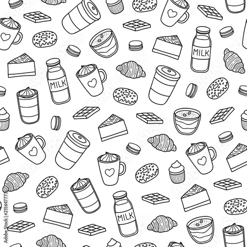 Seamless pattern with hand drawn coffee and desserts.
