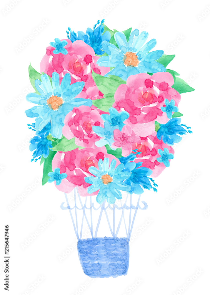 Obraz premium Watercolor floral balloon with pink, blue flowers isolated on white background