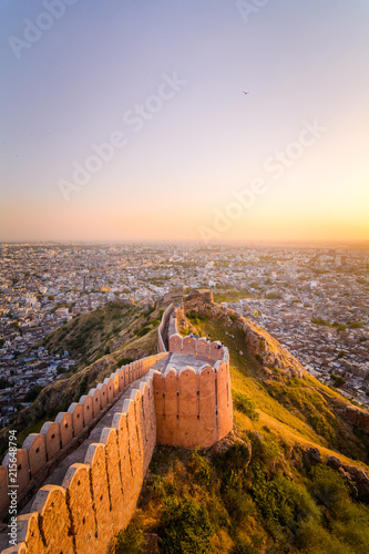 Sunset view of Nahargarh Fort on the edge of Aravalli Hills, Jaipur, Rajasthan, India