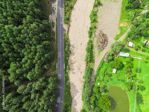 small river after flood or storm. Aerial view, Romania