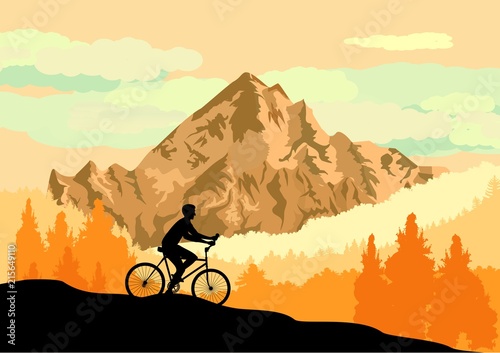Eco, extreme tourizm theme vector illustration, tourist silhouette, moutains, nature. photo