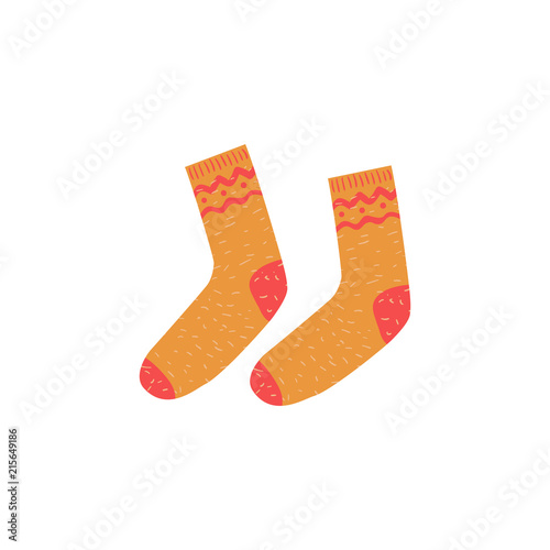 Warm knitted winter or autumn socks. Cozy seasonal clothes. Icon isolated on white background. Vector Illustration for banners, greeting cards, posters.