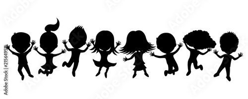 Cartoon silhouettes of children in a jump on a white background.
