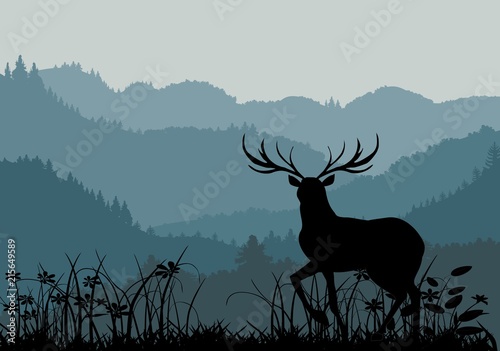 Hills covered with forest silhouette, deers on a valley forest, nature wildlife scene