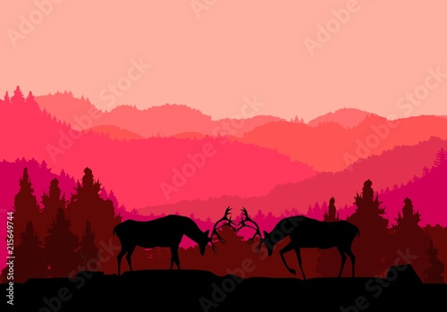 Deers strugling silouettes  forest nature silhouette in background  hills covered with forest