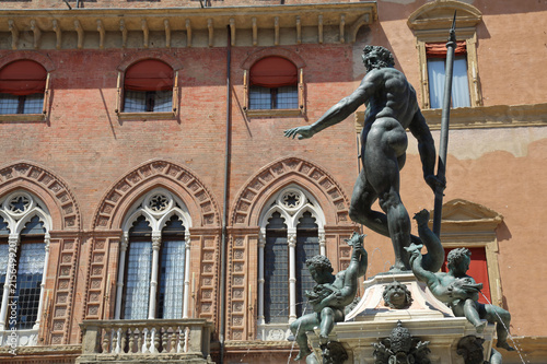 BOLOGNA, ITALY - JULY 19, 2018: The famous fountain of Neptune. Early work by sculptor Giambologna, completed about 1567
