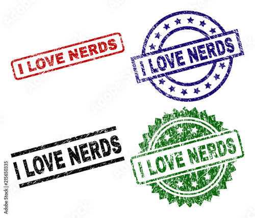 I LOVE NERDS seal prints with corroded style. Black, green,red,blue vector rubber prints of I LOVE NERDS label with corroded surface. Rubber seals with circle, rectangle, medal shapes.