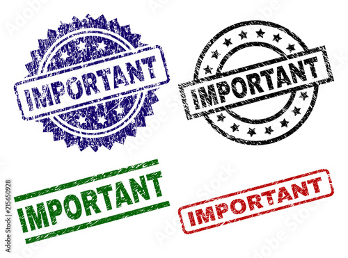 IMPORTANT seal prints with corroded texture. Black, green,red,blue vector rubber prints of IMPORTANT caption with corroded texture. Rubber seals with round, rectangle, rosette shapes.