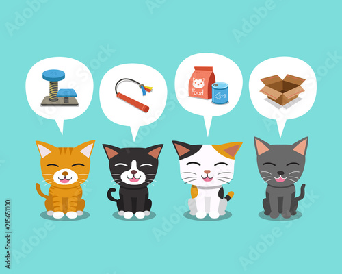 Set of cartoon character cute cats and speech bubbles with accessories for design.