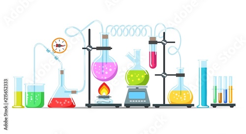 Chemistry lab equipment. Flasks, beakers and burner science instruments on white, vector chemical or biological research processing photo