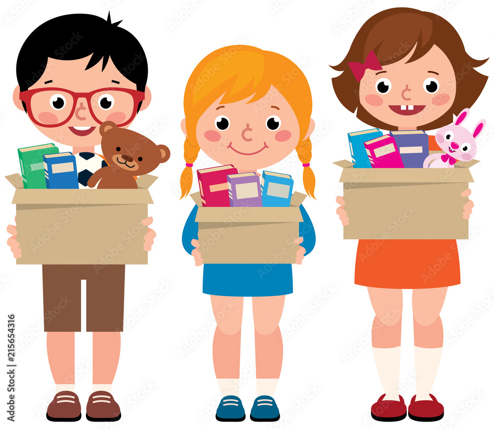 Group of little children girls and boys with boxes of donations in hands Group of little children girls and boys with boxes of donations in hands