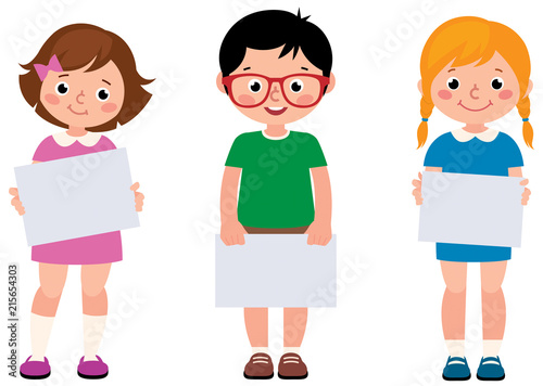 Group of children holding a blank sign white paper on a white background
