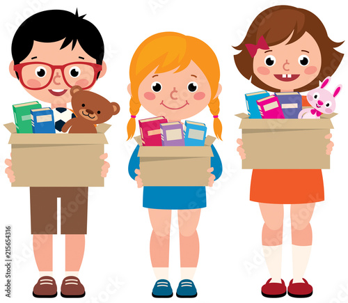 Group of little children girls and boys with boxes of donations in hands