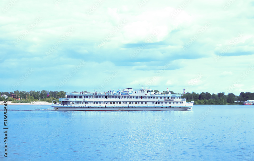 ship on the Volga river near the Spit of Yaroslavl