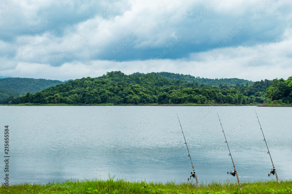 Fishing rod that is implanted on the ground at the Huai Pa Daeng Reservoir , Phetchabun in  Thailand.