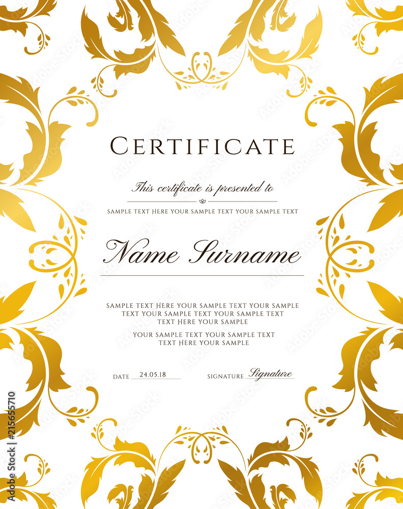 Certificate template, gold border. Editable design for Diploma
