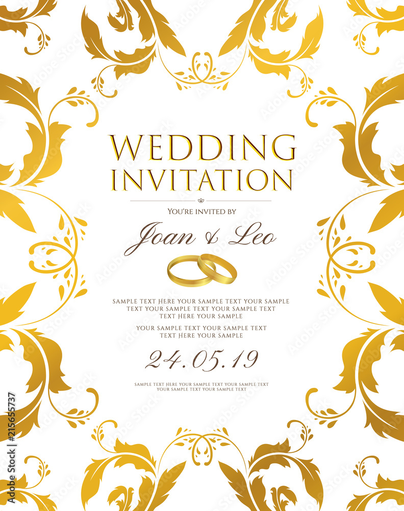 Wedding invitation design template (Save the date card). Classic Golden  background with gold floral border frame useful for any Invitations,  marriage, anniversary, engagement party Stock Vector | Adobe Stock