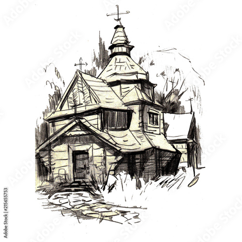 Drawing of architectural structures of the ancient wooden church in the rural . Landscape sketch handmade .