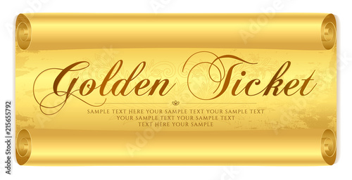 Golden ticket, Gift Certificate / Gift Voucher vector template design on gold scroll paper background. Useful for Coupon, any festival, party, cinema, event, entertainment show, concert