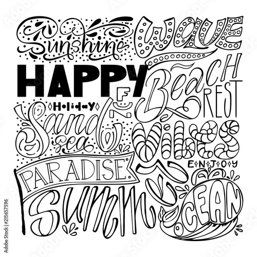 Big travel vector design set, lettering collection. Hand calligraphy: sunshine, wave, happy, holiday, beach, rest, fun, sand, sea, vibes, paradise, enjoy, summer, ocean. For logo, banner, prints, card