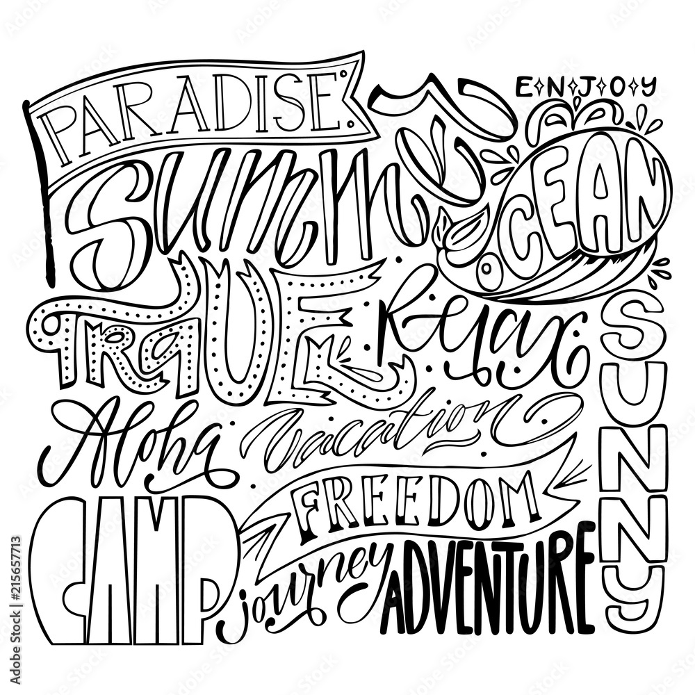 Big travel vector design set, lettering collection. Hand calligraphy: paradise, enjoy, summer, ocean, travel, relax, aloha, vacation, sunny, camp, freedom, journey, adventure. For logo, banner, prints