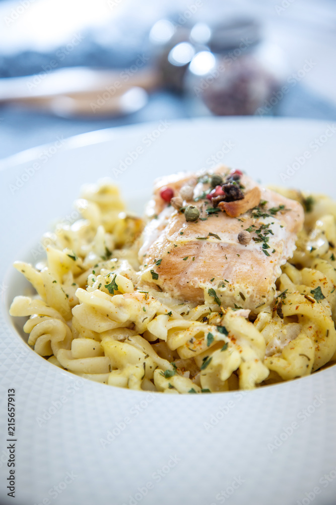 Smoked Salmon fusilli Pasta with Cream Sauce and boletus dill Smoked Salmon fusilli Pasta with Cream Sauce and boletus dill