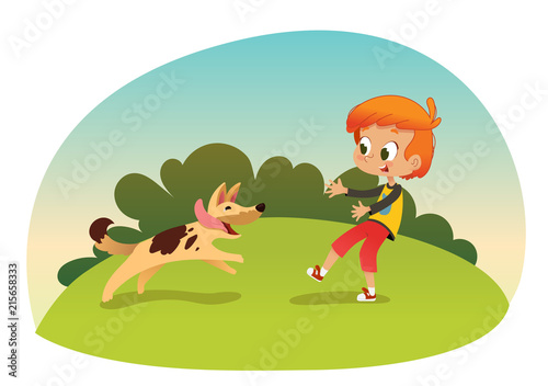 Cute smiling little boy playing with the dog at the neighborhood. Boy and his friend dog running through the garden. Outdoors activities. Best friend concept. Vector illustration.