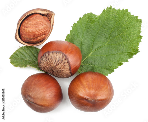 Hazelnut and green leaves of hazelnut isolated on white, top view.