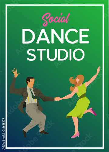 Poster for dance studio. Flyer or element of advertizing for social dances studio. Flat vector illustration. Dance party poster template, event flyer invitation.